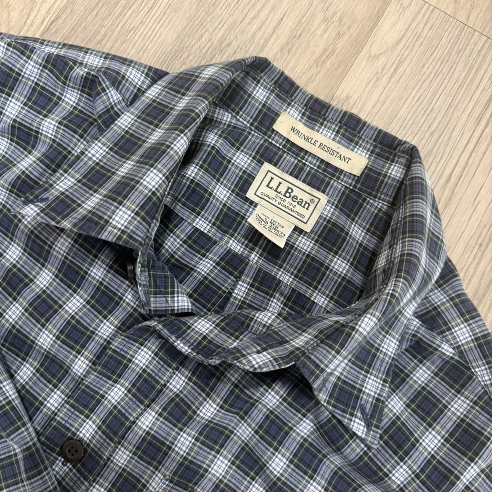 LL Bean Shirt Men's Large Blue Green Plaid Wrinkle Resistant Button Down